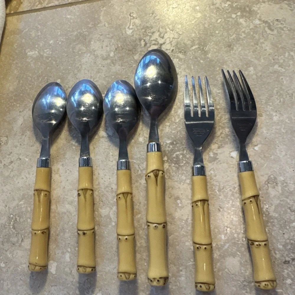 VTG 6 Faux Bamboo Plastic Handle Stainless Flatware‎ Cambridge TIKI spoons forks